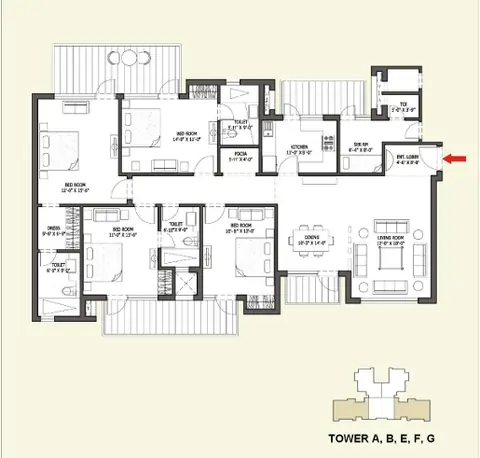 Bestech Park View Spa Next 4 BHK flat floor plan, 2,350 sq ft super area