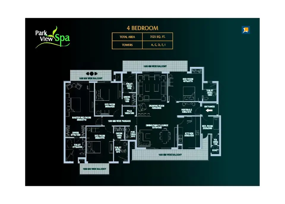 Bestech Park View Spa 4 BHK floor plan, 3,125 sq ft super area