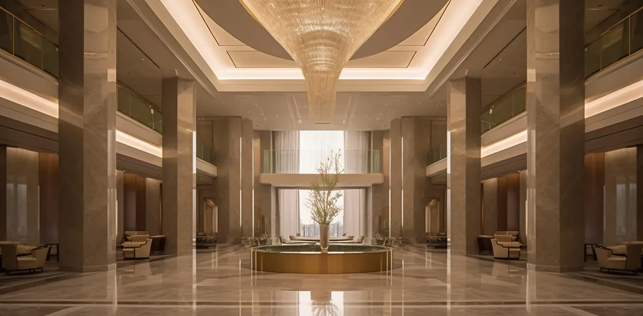 Birla Pravaah double-height entrance lobby with marble columns and chandelier, artist's impression