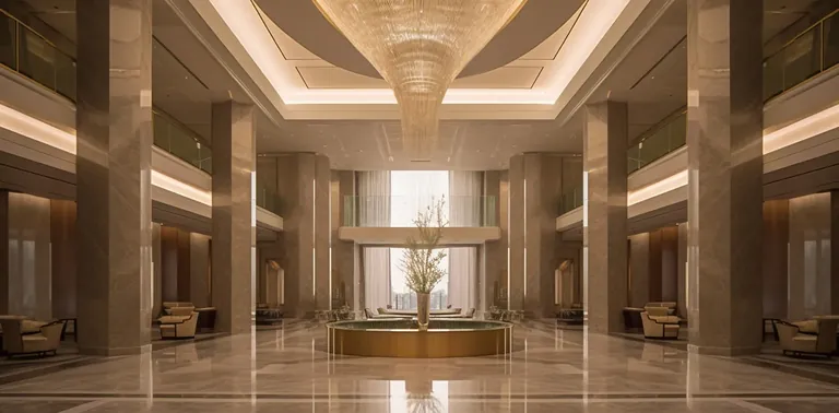 Birla Pravaah double-height entrance lobby with marble columns and chandelier, artist's impression
