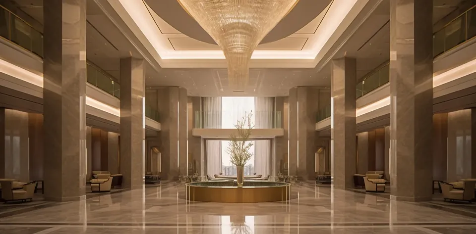 Birla Pravaah double-height entrance lobby with marble columns and chandelier, artist's impression