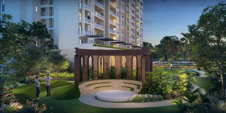 Birla Pravaah garden pergola with circular seating court and lawns, artist's impression
