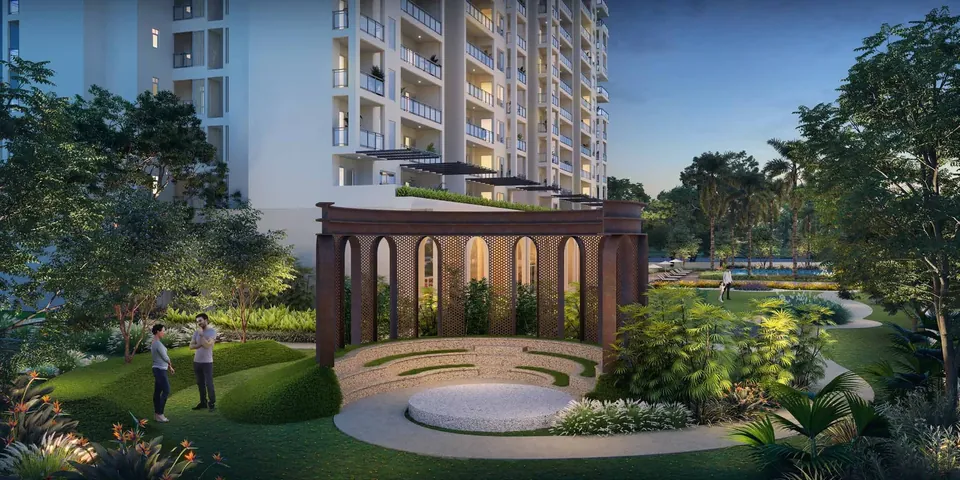 Birla Pravaah garden pergola with circular seating court and lawns, artist's impression