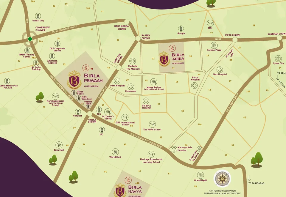 Birla Pravaah location map, Sector 71 on Southern Peripheral Road near Vatika Chowk and NH-48