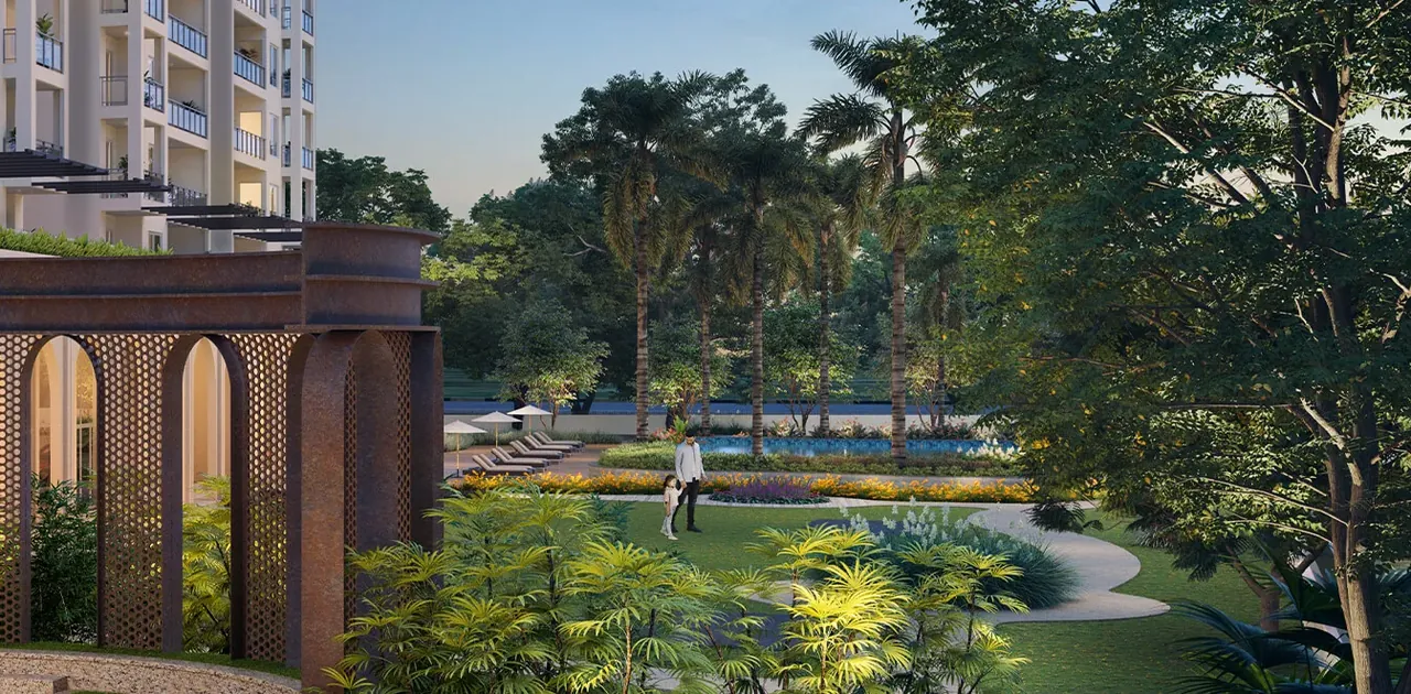 Birla Pravaah pergola arches beside a lawn and winding garden path, artist's impression