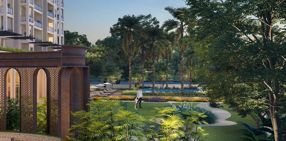 Birla Pravaah pergola arches beside a lawn and winding garden path, artist's impression