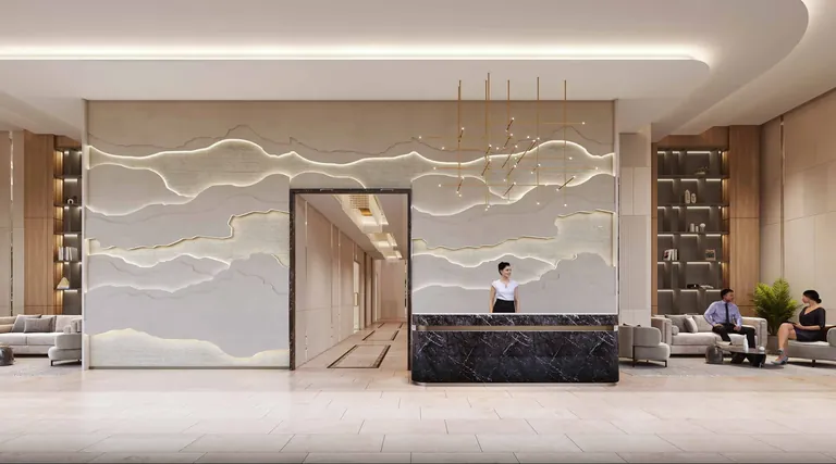 Birla Pravaah tower entrance lobby with reception desk and lounge seating, artist's impression