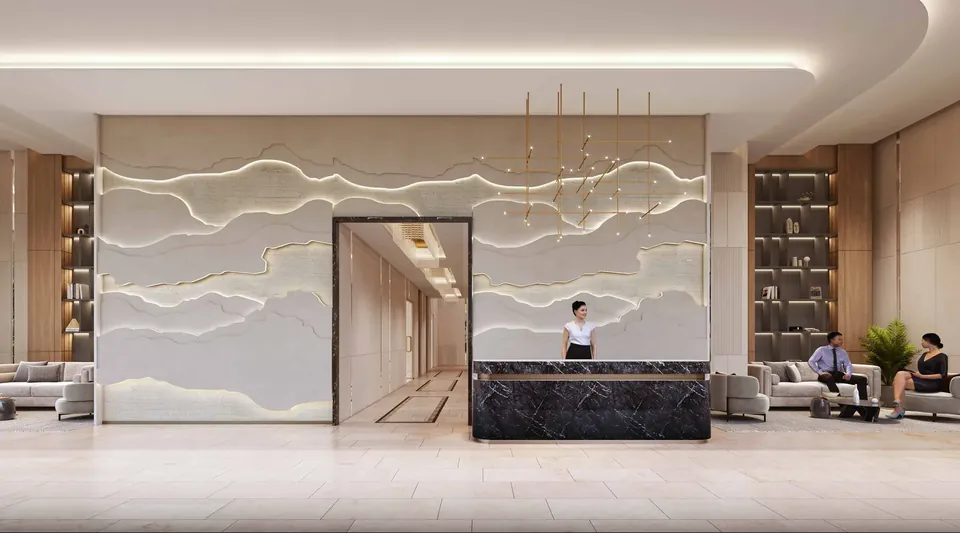 Birla Pravaah tower entrance lobby with reception desk and lounge seating, artist's impression