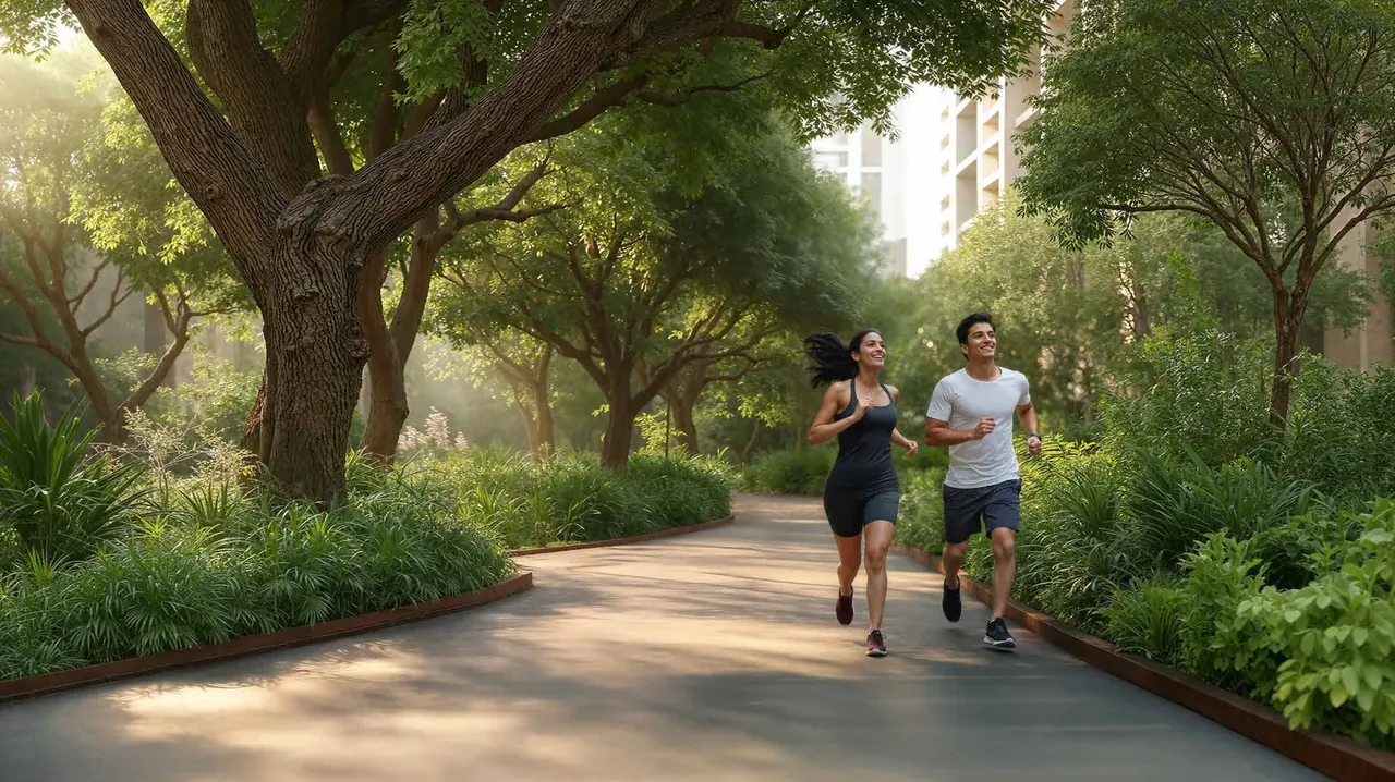 Birla Pravaah tree-lined landscaped walkway through the project greens, artist's impression