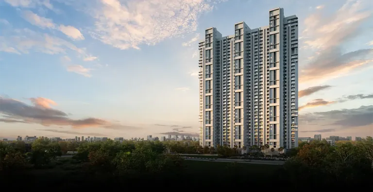 Birla Pravaah tower elevation at sunset above landscaped greens, Sector 71 Gurgaon, artist's impression
