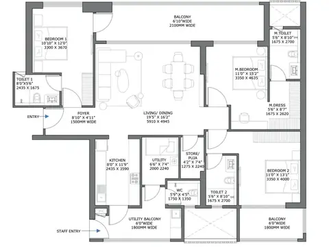 Birla Pravaah 3 BHK + utility floor plan, 2,450 sq ft super area