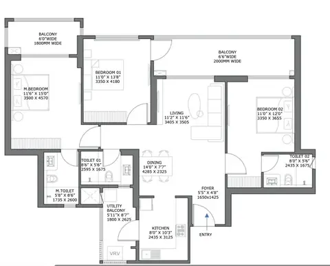 Birla Pravaah 3 BHK floor plan, 2,000 sq ft super area