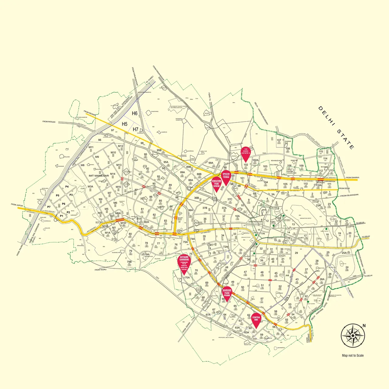 BPTP Amstoria location on the Gurugram-Manesar Master Plan 2031 with nearby landmarks