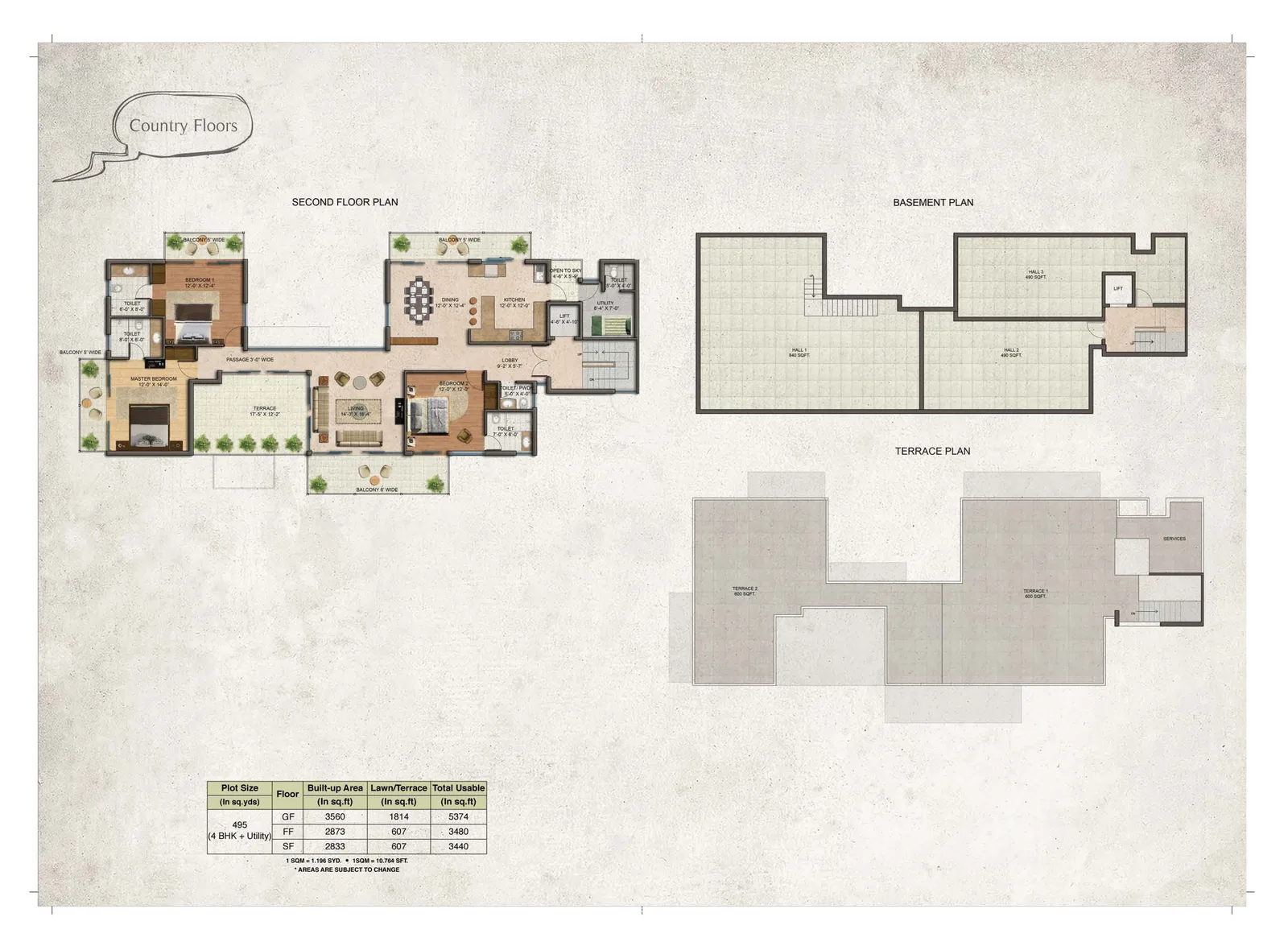 BPTP Amstoria 495 sq yd floor plan (second layout), 4 BHK + utility, 2,833-3,560 sq ft built-up