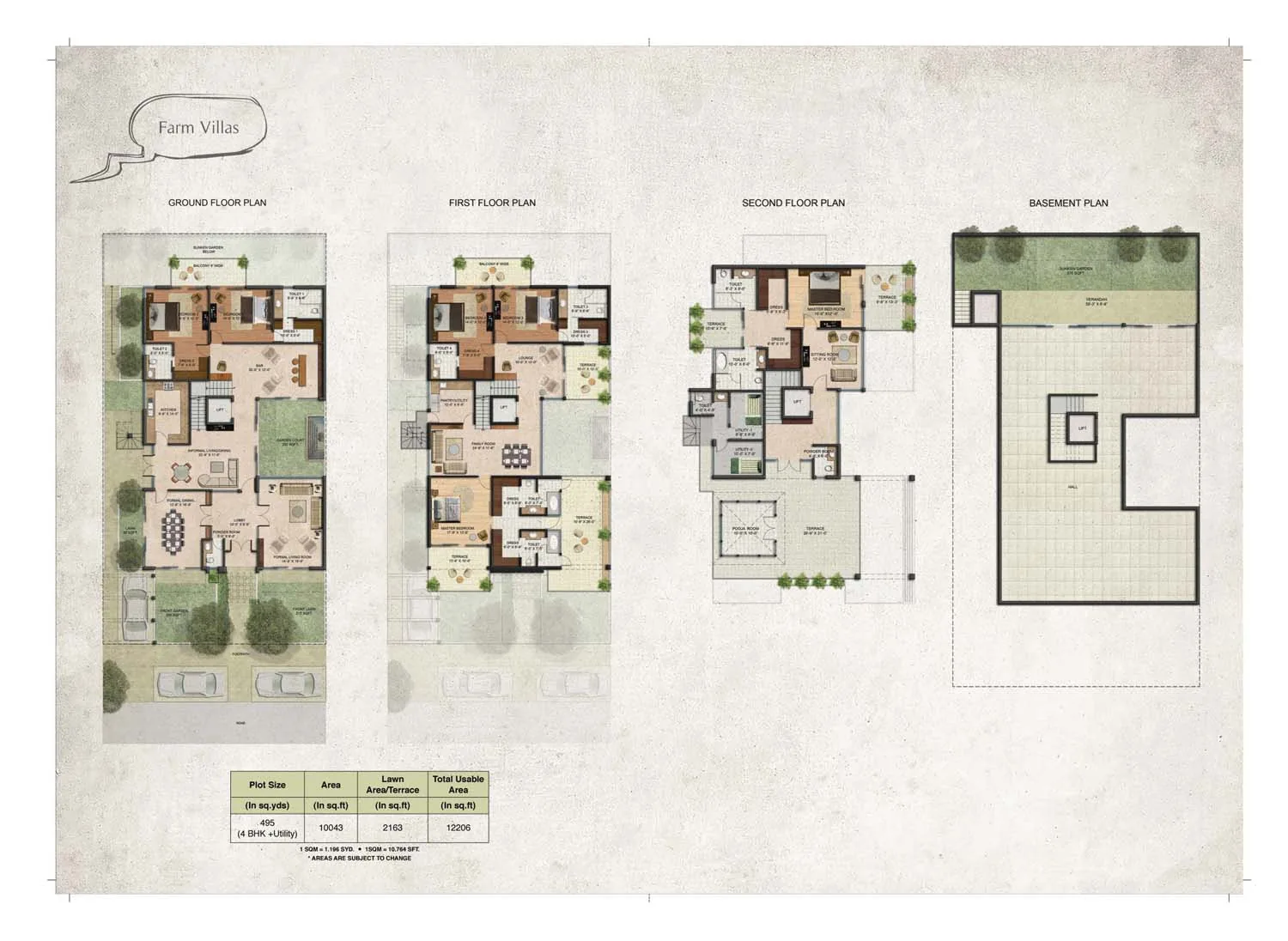 BPTP Amstoria 495 sq yd villa plan, 4 BHK + utility, 10,043 sq ft area