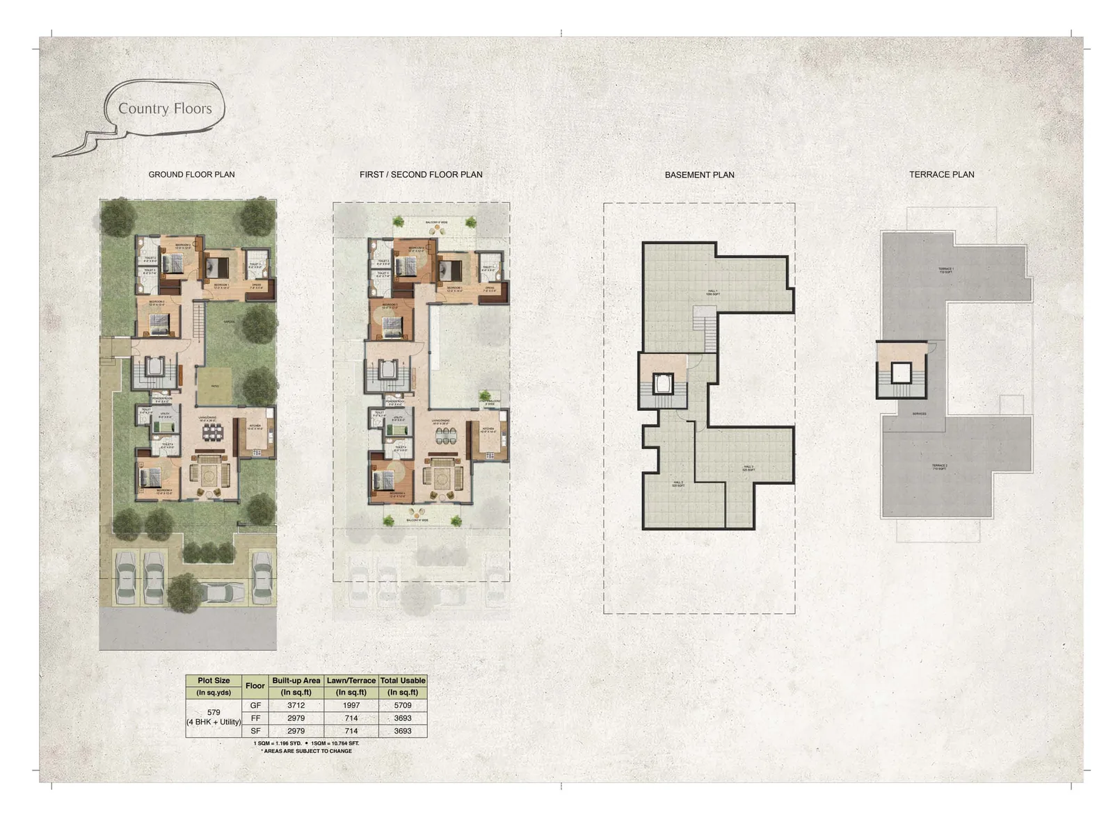 BPTP Amstoria 579 sq yd floor plan, 4 BHK + utility, 2,979-3,712 sq ft built-up per floor