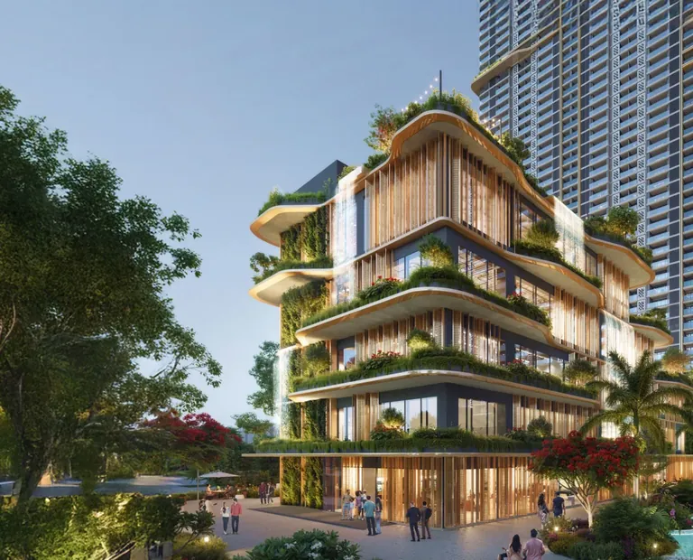 BPTP Amstoria Verti Greens tower base with layered green terraces, artist's impression