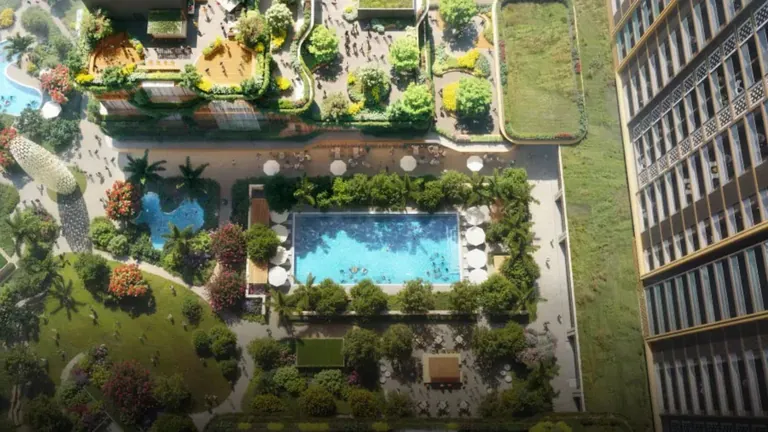 BPTP Amstoria Verti Greens landscaped podium with pool seen from above, artist's impression