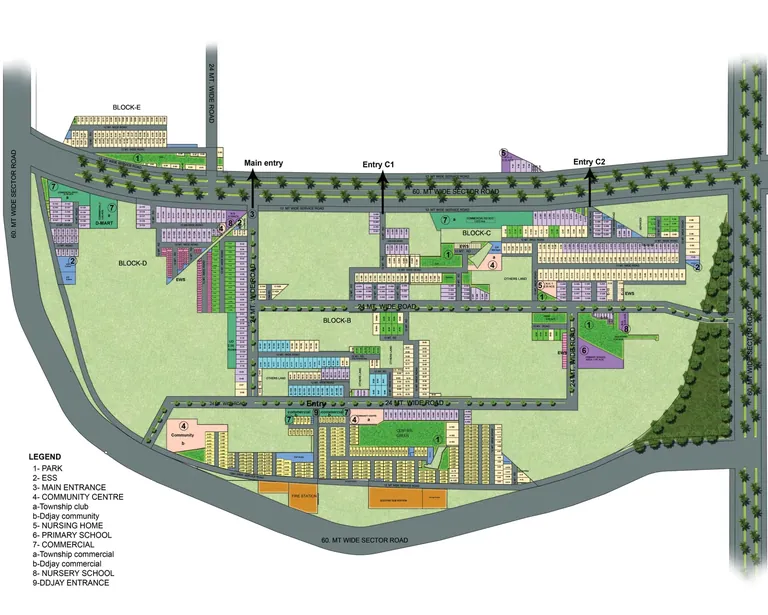 BPTP Astaire Gardens township layout plan showing Blocks A to E, parks, club and 60 m sector roads