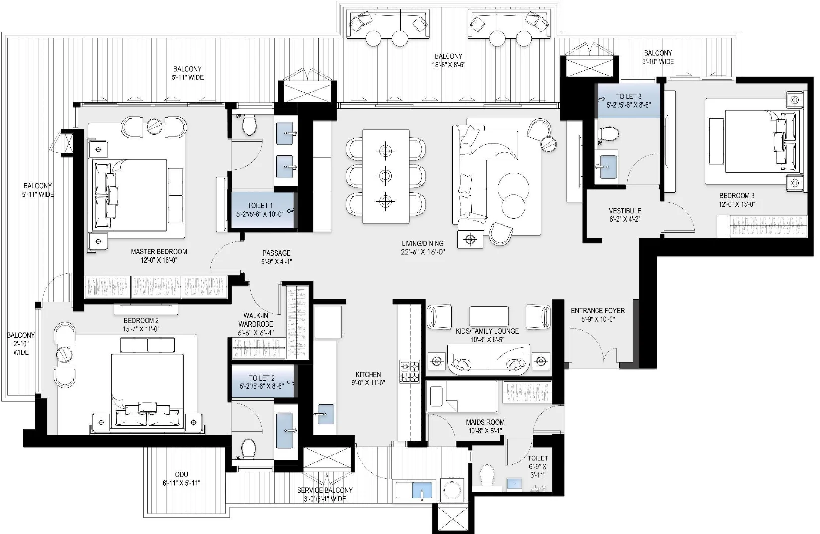 BPTP Downtown 66 3 BHK + family lounge + servant room typical floor plan, about 2900 sq ft