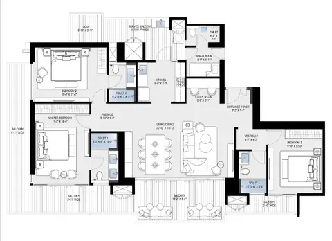 BPTP Downtown 66 3 BHK + study + servant room floor plan, 2520 sq ft