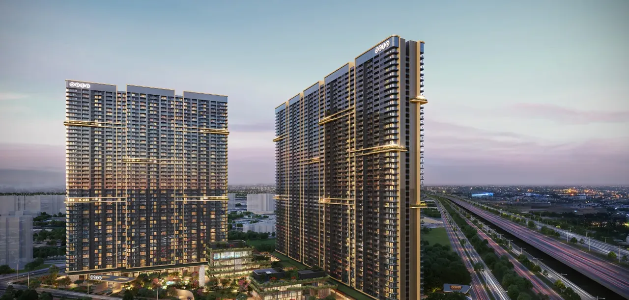 BPTP Gaia Residences at Amstoria towers beside Dwarka Expressway at dusk, artist's impression
