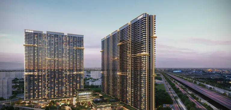 BPTP Gaia Residences at Amstoria towers beside Dwarka Expressway at dusk, artist's impression