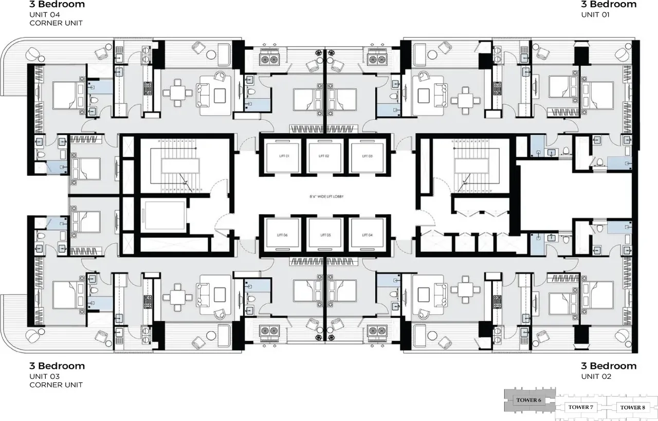 BPTP Gaia Residences at Amstoria Tower 6 cluster plan with four 3 bedroom homes per floor