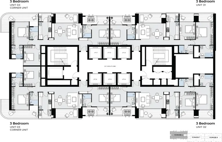 BPTP Gaia Residences at Amstoria Tower 6 cluster plan with four 3 bedroom homes per floor