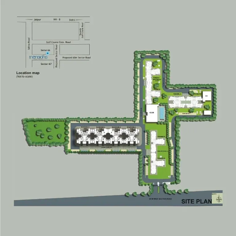 BPTP Mansions Park Prime site plan showing the tower blocks, greens and location inset