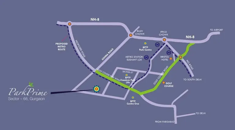 BPTP Mansions Park Prime location map showing Sector 66 and the main roads around it