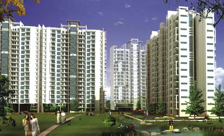 BPTP Park Prime high-rise towers across a landscaped lawn with a water channel, artist's impression