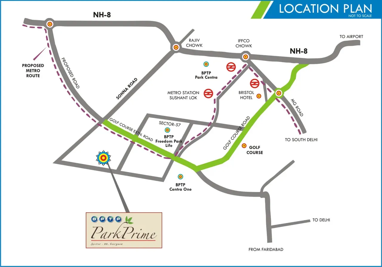 BPTP Park Prime location plan with NH-8, Golf Course Road and nearby landmarks