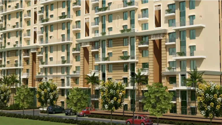 BPTP Park Prime apartment block facade with balconies above a tree-lined road, artist's impression
