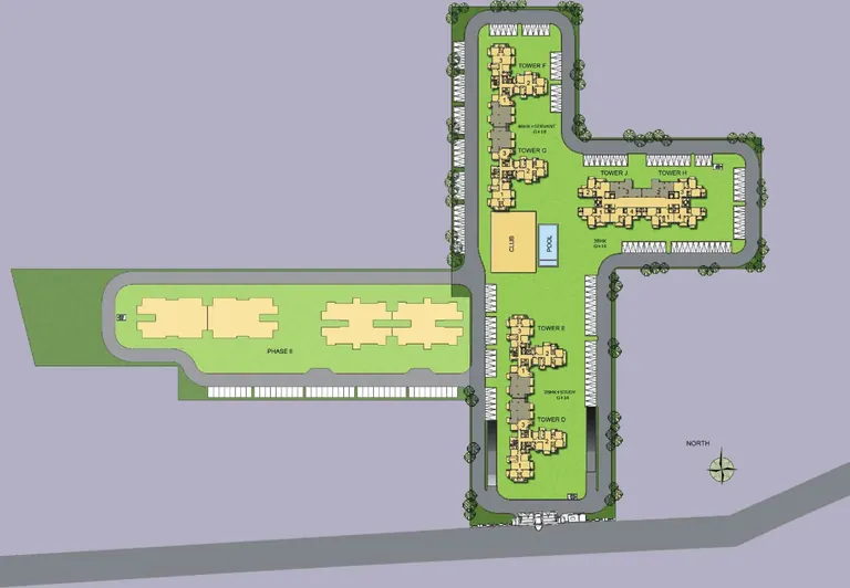 BPTP Park Prime site plan showing the towers laid out along the T-shaped central green