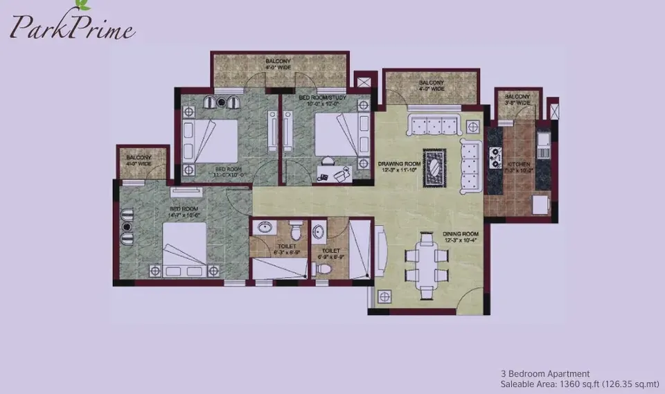 BPTP Park Prime 3 BHK flat floor plan, 1,360 sq ft saleable area
