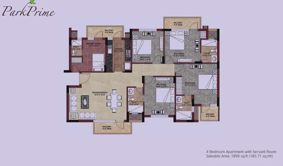 BPTP Park Prime 4 BHK + servant room floor plan, 1,999 sq ft saleable area