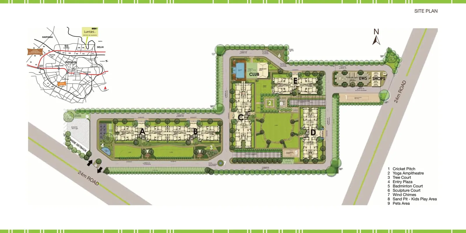 Brisk Lumbini Terrace Homes site plan: Towers A to E, club with pool, lawns and two 24 m roads, Sector 109