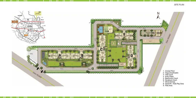 Brisk Lumbini Terrace Homes site plan: Towers A to E, club with pool, lawns and two 24 m roads, Sector 109