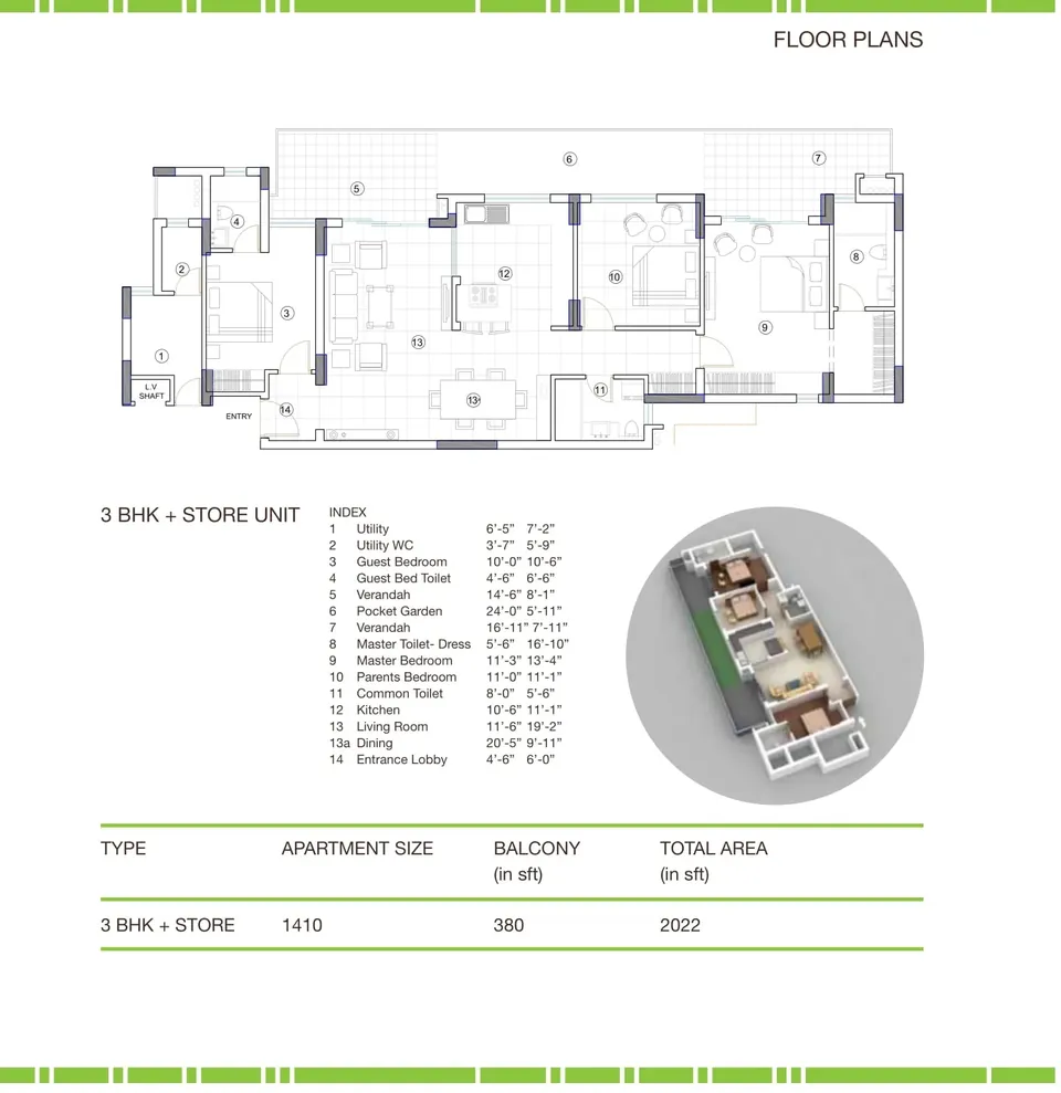Brisk Lumbini Terrace Homes 3 BHK + store floor plan, 1,410 sq ft apartment, 380 sq ft balconies, 2,022 sq ft total