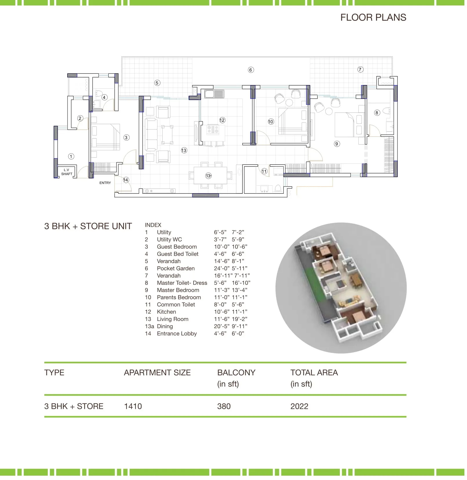 Brisk Lumbini Terrace Homes 3 BHK + store floor plan, 1,410 sq ft apartment, 380 sq ft balconies, 2,022 sq ft total