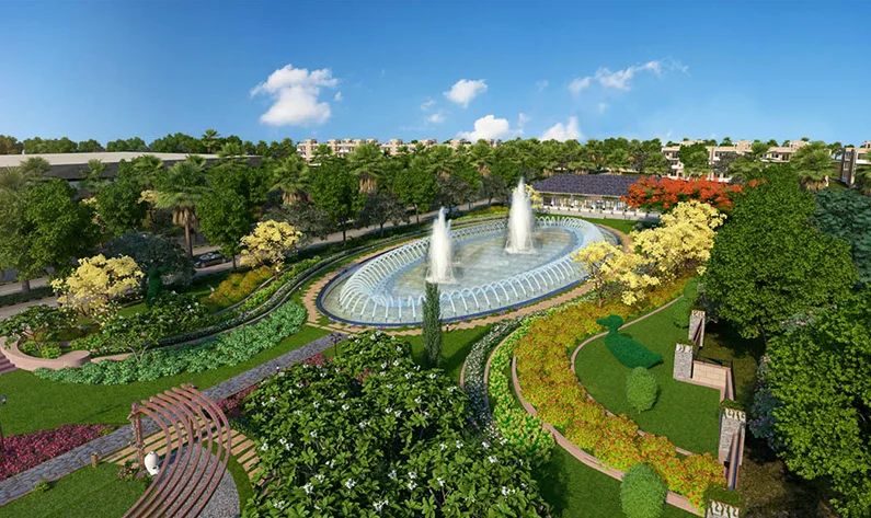Central Park Aqua Front Towers fountain garden and lawns next to the towers, artist's impression