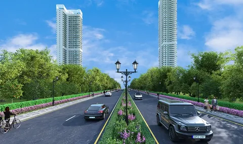 Central Park Bignonia Towers both Bignonia towers seen from the tree-lined township road, artist's impression
