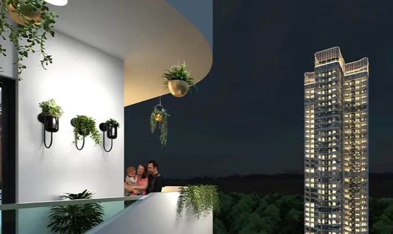 Central Park Bignonia Towers family on a Bignonia balcony at night with the second tower lit up, artist's impression