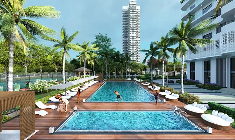 Central Park Bignonia Towers swimming pool and sun deck between palms and the towers, artist's impression