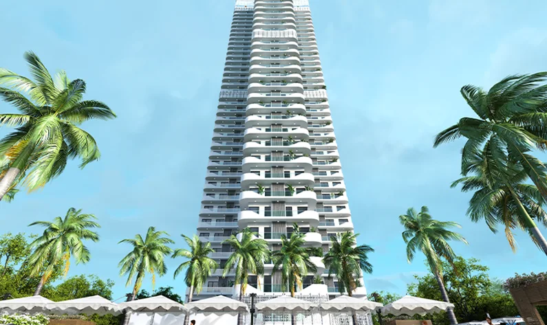 Central Park Bignonia Towers one Bignonia tower rising behind palm trees, artist's impression