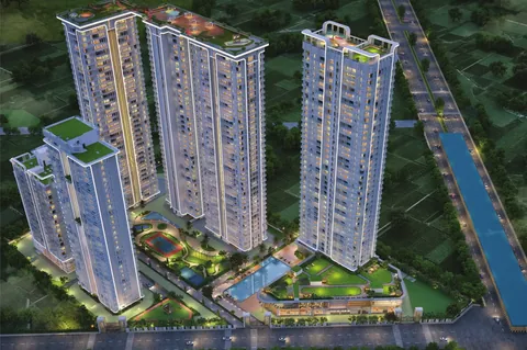 Central Park Delphine aerial night view of the towers and podium gardens, artist's impression