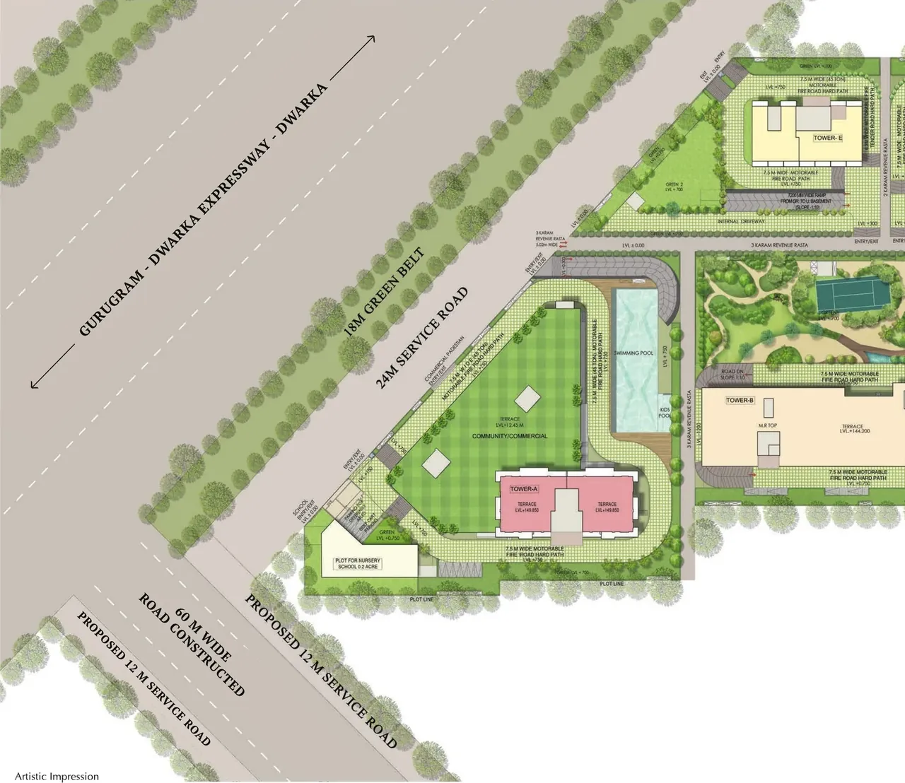 Central Park Delphine master plan beside the Dwarka Expressway service road and 60 m road