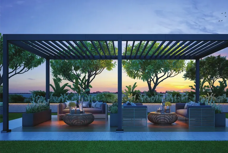 Central Park Delphine pergola lounge deck at sunset, artist's impression