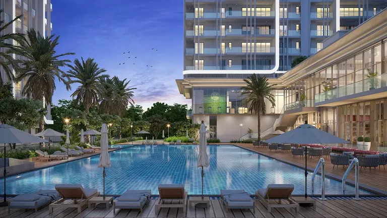 Central Park Delphine pool deck with loungers beside the towers, artist's impression